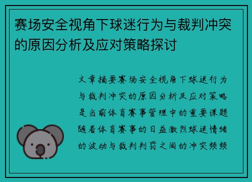 赛场安全视角下球迷行为与裁判冲突的原因分析及应对策略探讨